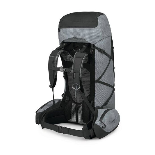 Gray and black hiking backpack on a white background