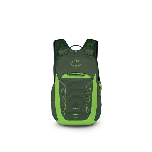 Green and black Osprey backpack on a white background