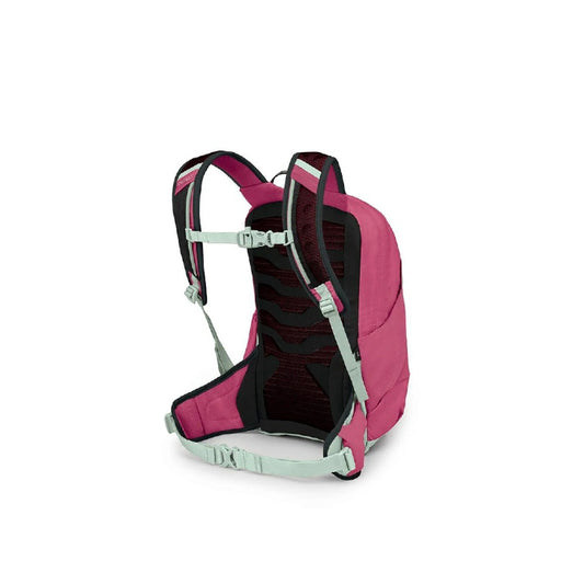 Pink backpack with black interior on a white background