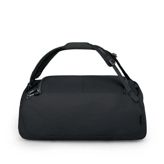 Black duffel bag with shoulder strap on a white background