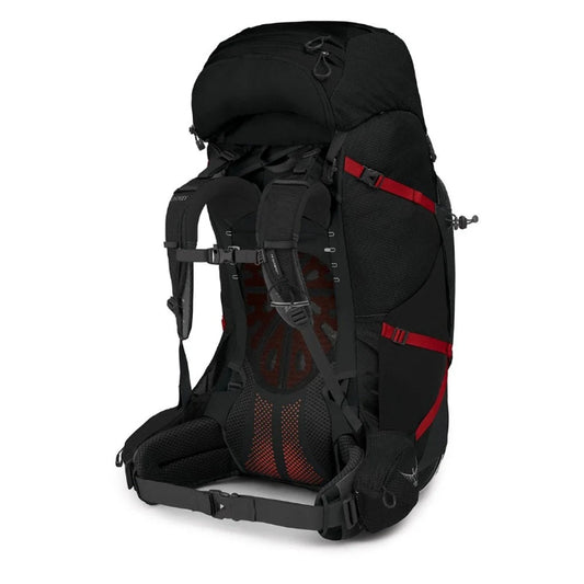 Black and red backpack on a white background