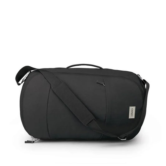 Black duffel bag with a shoulder strap on a white background