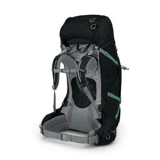 Black and gray hiking backpack on a white background