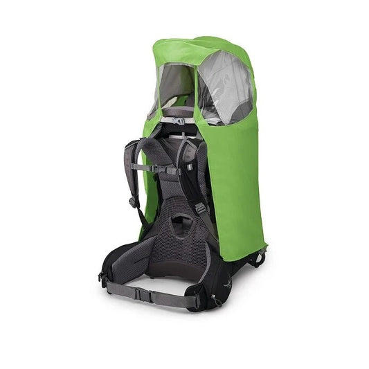 Green backpack with a clear rain cover on a white background