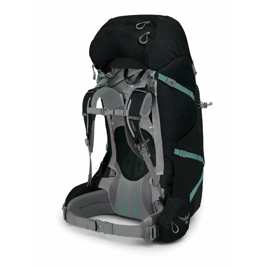 Black and gray hiking backpack on a white background