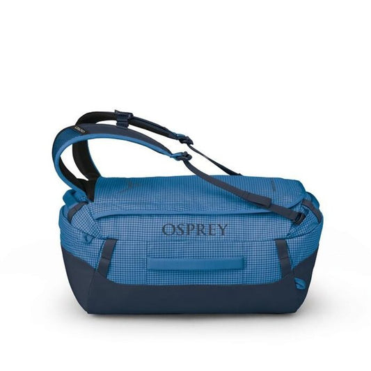 Blue Osprey travel bag on a white background