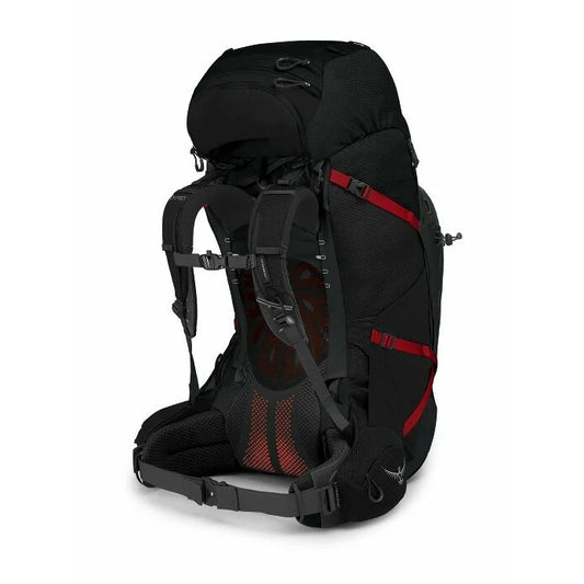Black and red hiking backpack on a white background