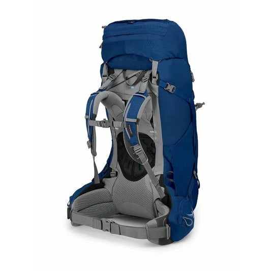 Blue and gray hiking backpack on a white background