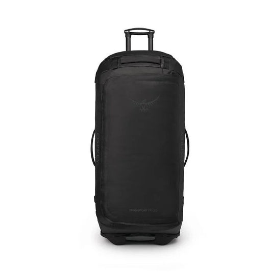 Black rolling suitcase with Osprey logo on a white background