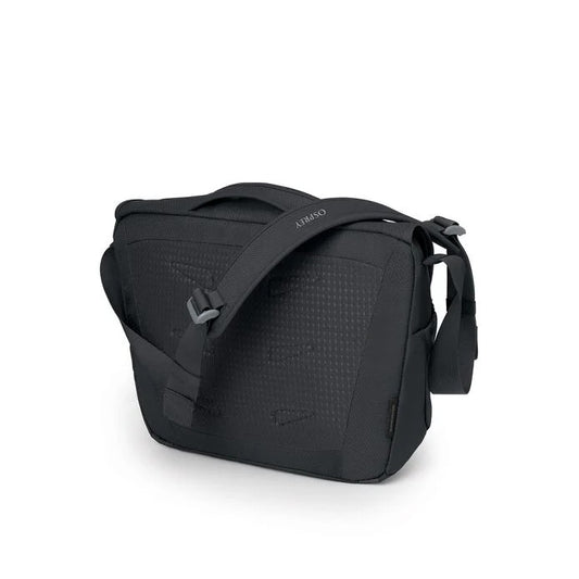 Black shoulder bag with brand logo on a white background