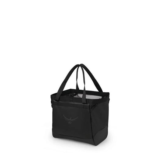 Black tote bag with a brand logo on a white background