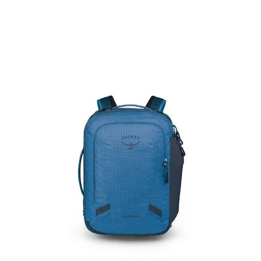 Blue backpack with a visible brand logo on a white background