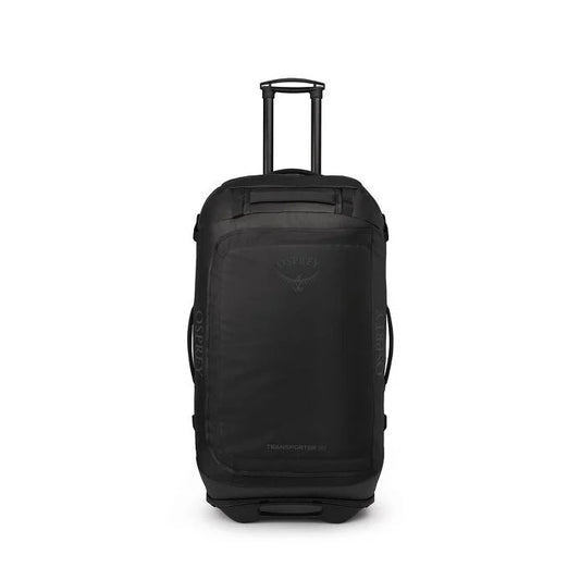 Black rolling suitcase on a white background