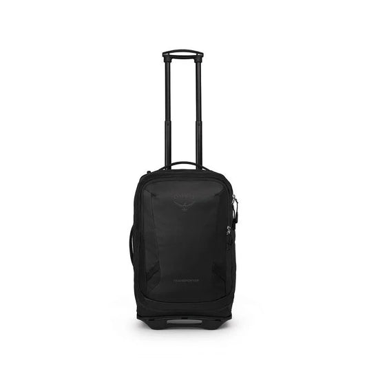Black rolling suitcase on a white background