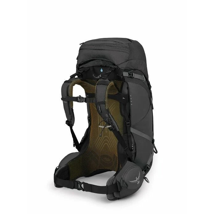 Black backpack with visible brand logo on a white background