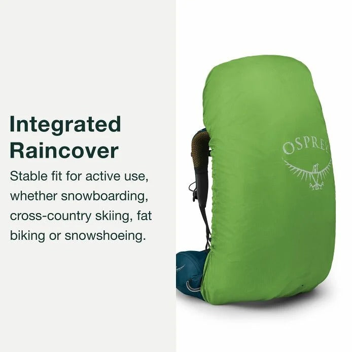 Green Osprey backpack with integrated raincover on a white background