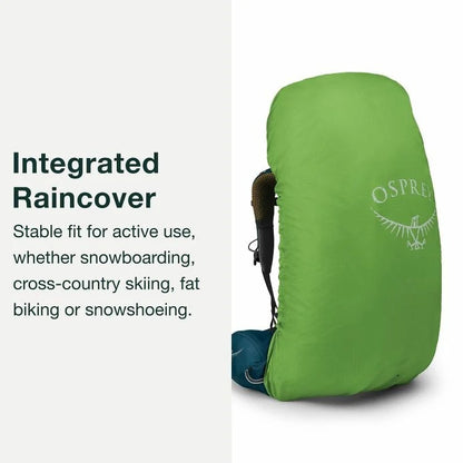 Green Osprey backpack with integrated raincover on a white background