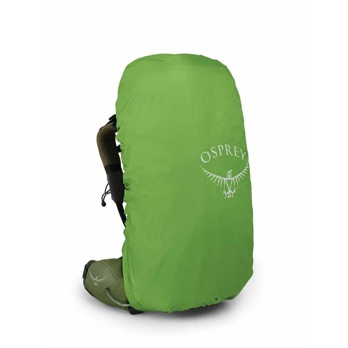 Green Osprey backpack cover on a white background