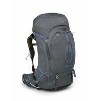 Gray backpack with blue accents on a white background