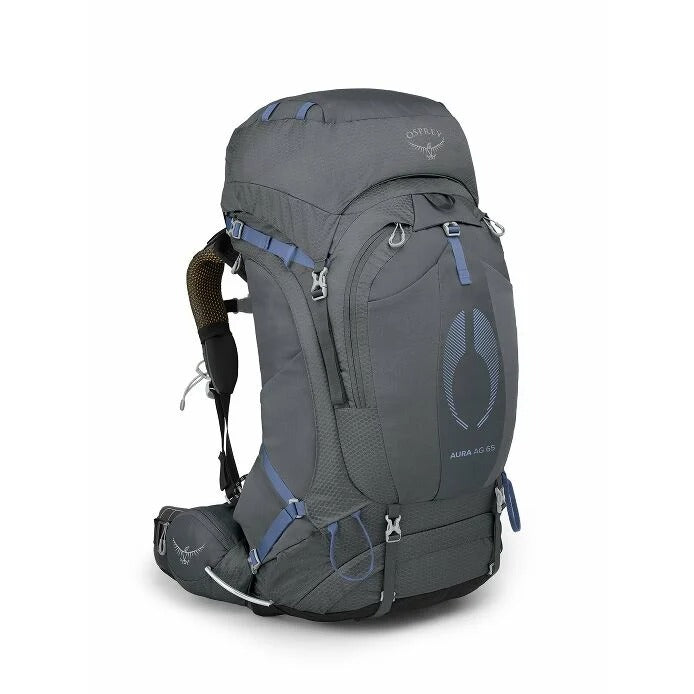 Gray backpack with blue accents on a white background