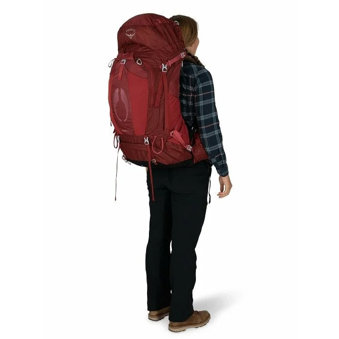 Person wearing a red backpack on a white background