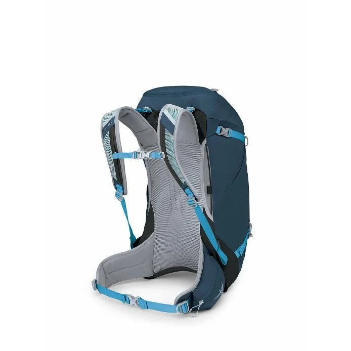 Blue and gray backpack on a white background