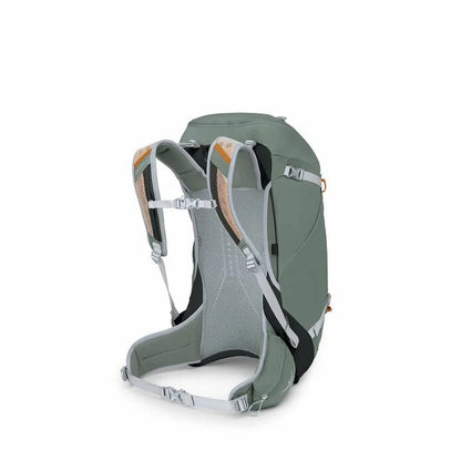 Green hiking backpack with gray straps on a white background