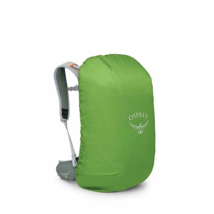 Green Osprey backpack cover on a white background