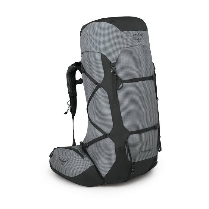Gray and black Osprey hiking backpack on a white background