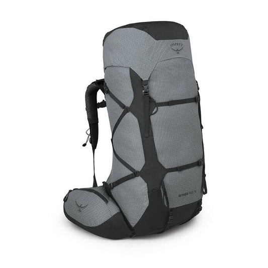 Gray and black Osprey hiking backpack on a white background