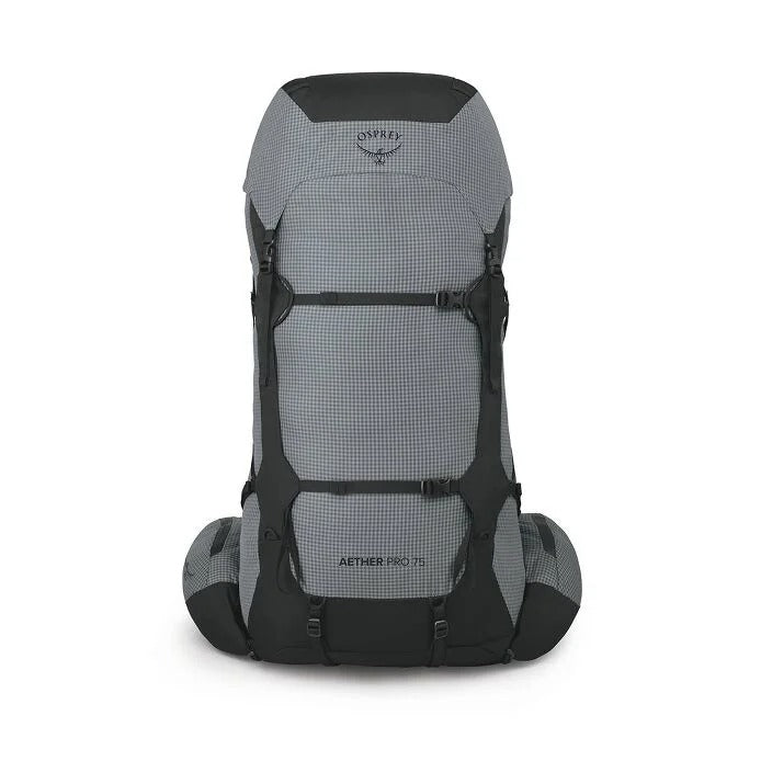 Gray and black Osprey backpack on a white background