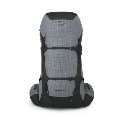 Gray and black Osprey backpack on a white background