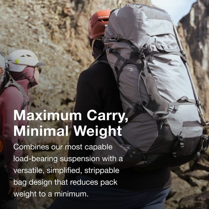Person hiking with a large backpack on a rocky mountain trail, promotional text about backpack features.