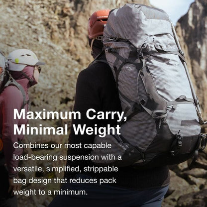 Person hiking with a large backpack on a rocky mountain trail, promotional text about backpack features.