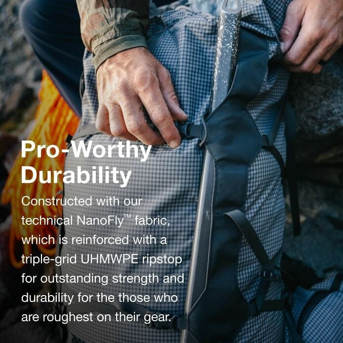 Person holding a backpack with text about Pro-Worthy durability and technical NanoFly fabric.