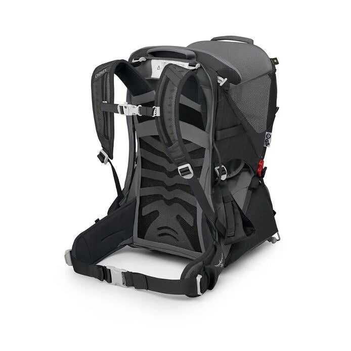 Black and gray backpack with multiple straps on a white background