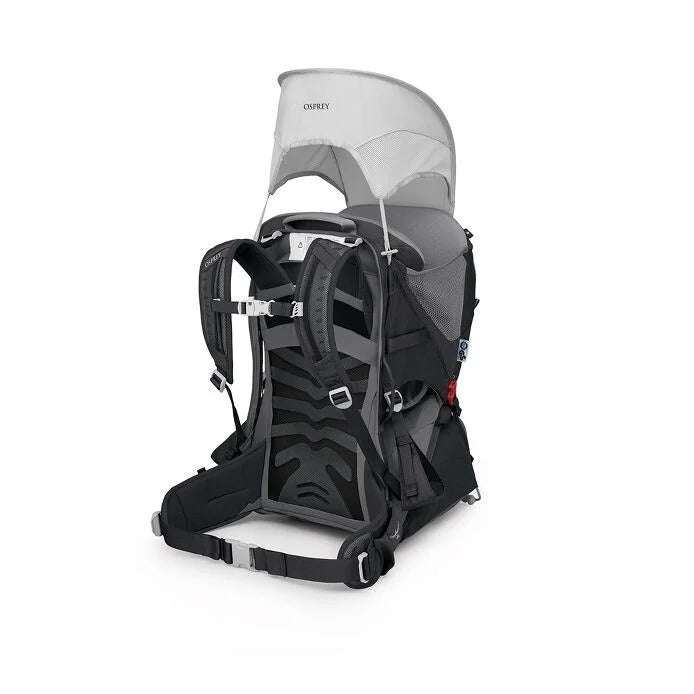 Child carrier backpack with canopy on a white background