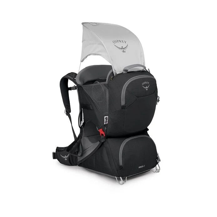 Black Osprey hiking backpack with a clear rain cover on a white background
