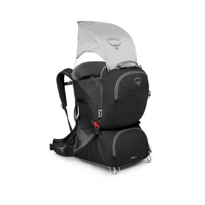 Black Osprey hiking backpack with a clear rain cover on a white background