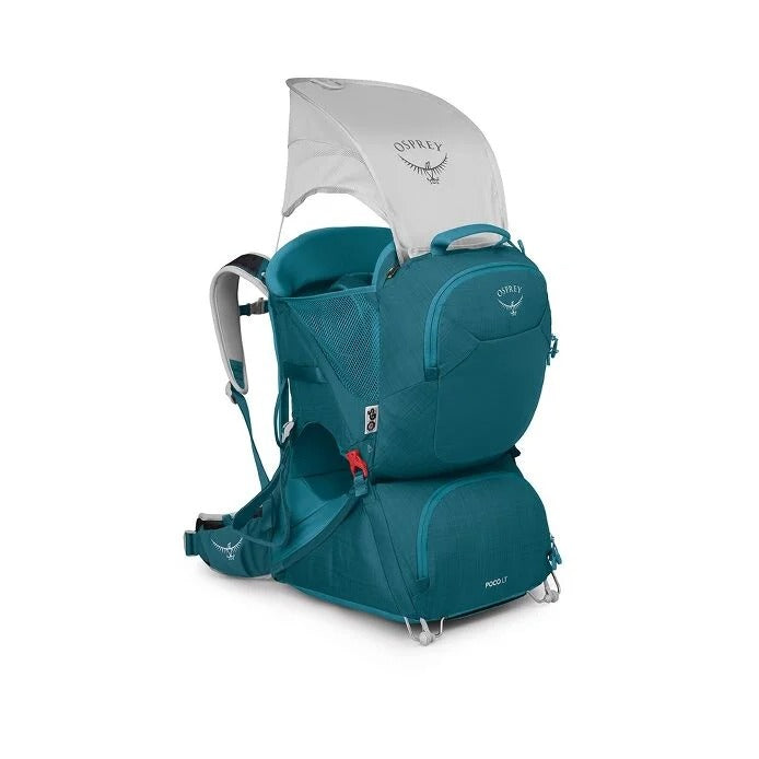 Teal baby carrier with white canopy on a white background