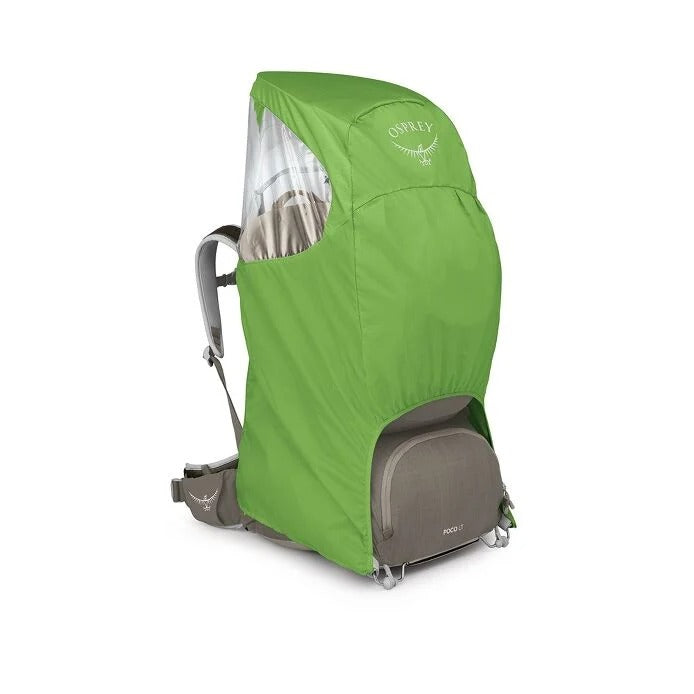 Green backpack cover with Osprey logo on a white background