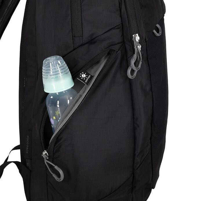 Black backpack with a bottle inside an open pocket on a white background