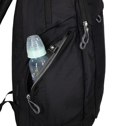 Black backpack with a bottle inside an open pocket on a white background