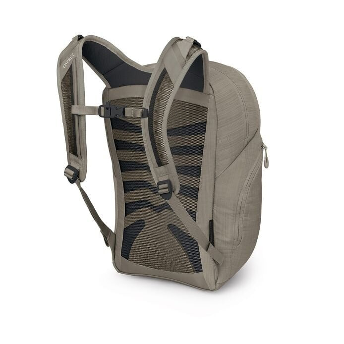 Tan Colour backpack with black accents on a white background