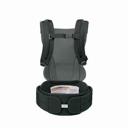 Gray baby carrier with black straps on a white background