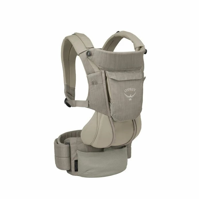 Beige baby carrier with Osprey logo on a white background