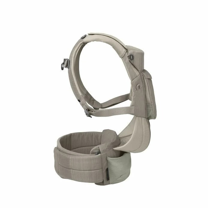 Baby carrier with beige straps and cushion on a white background