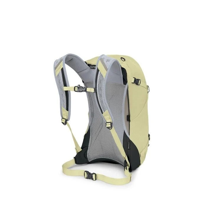 Beige hydration backpack with gray straps on a white background