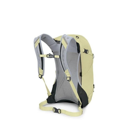 Beige hydration backpack with gray straps on a white background