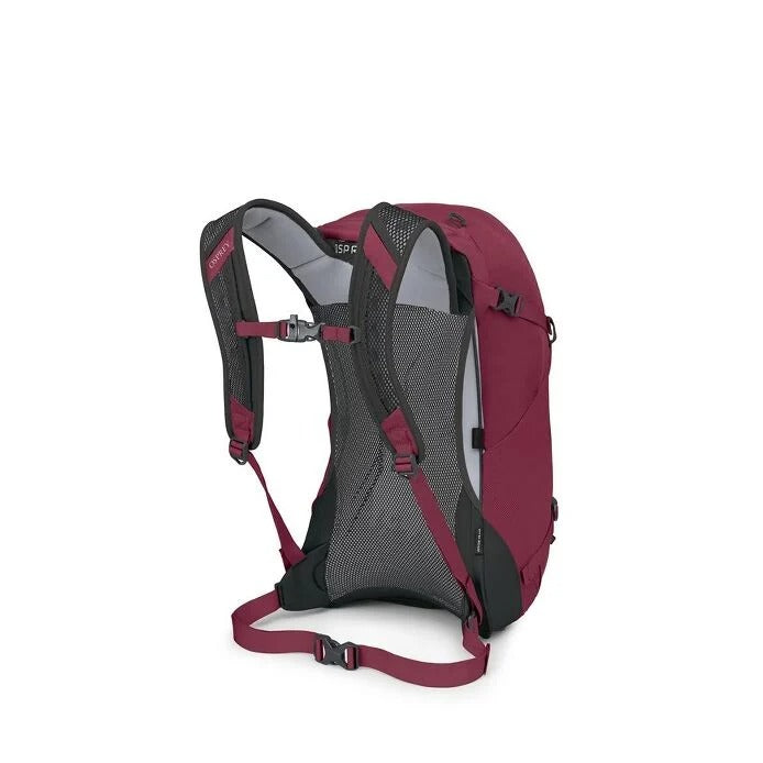 Maroon and black backpack on a white background
